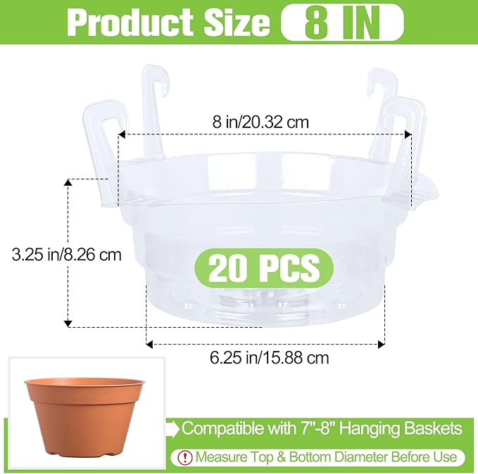 Miuwauer 20 Pack of 8-inch Hanging Basket Water Catcher Plastic Hanging Plant Drip Pan Tray Plastic Saucers Liners for Indoor Outdoor Hanging Plants Baskets Flower Pots - Clear, Round