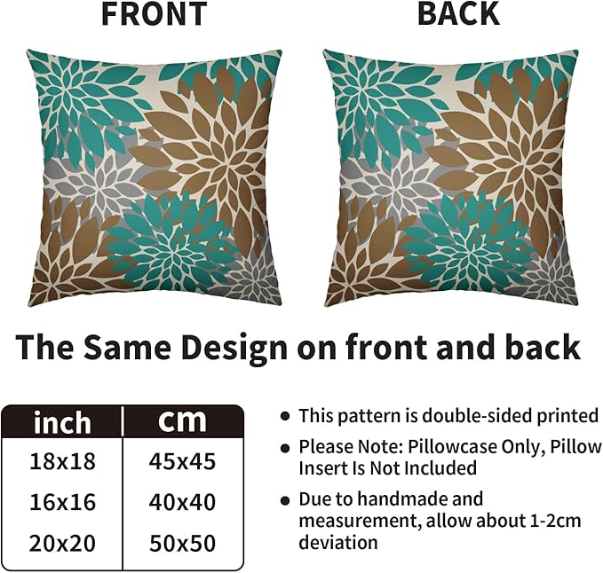 Brown Teal Pillow Covers 16X16 Inch Set of 2, Dahlia Flower Spring Summer Floral Cream Decorative Throw Pillow Covers Outdoor Modern Farmhouse Cushion Case for Home Couch Sofa Bed Decor