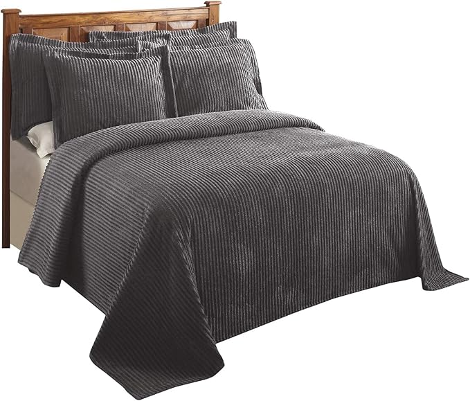 Better Trends Chenille Bedspreads Full/Double Size, Gray 100% Cotton Chenille Stripe Design Tufted Bedding Coverlet Soft Lightweight, 81"x110" 1 Pieces Jullian Collection