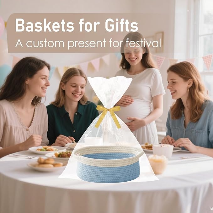 Woven Basket,Small Rope Storage Bin with Handles & Ribbon Bag, Organizer for Shelves Closets,Gift Basket Empty for Birthday,Books,Dog Toys, White&Blue