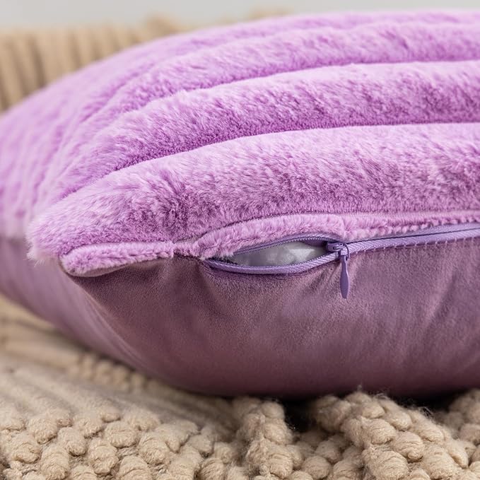 ZLINA Set of 2 Light Purple Faux Fur Decorative Throw Pillow Covers Fluffy Striped Pillowcase Cushion Covers 12 x 20 Inch Decor Sofa Couch Bedroom