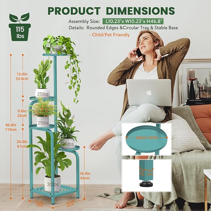 TOSKING 5 Tier Tall Plant Stand Indoor Outdoor,Anti-Tip Plant Stand indoor, Wide Base for Pots, Child and Pet Friendly,Heavy Duty Corner Shelf for Plants & Decor, Space Saving ,Tiered Metal Flower Pot Stand for Balcony, Garden, Living Room, Patio (Blue...
