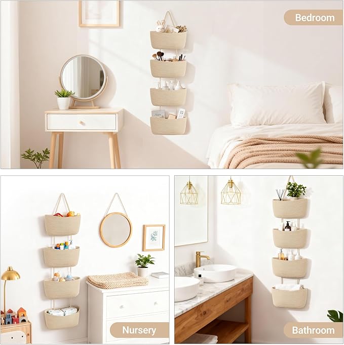 Dahey Over The Door Hanging Basket 4-Tier Woven Boho Wall Mounted Storage Organizer with Hooks for Bedroom Nursery Bathroom Apartments Dorm Pantry Decor, Jute