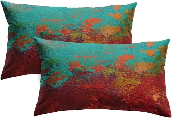 Britimes Throw Pillow Covers Modern Home Art Decor, 12 x 20 Inches Set of 2 Pillow Cases Decorative, Abstract Oil Painting Pillowcases for Bedroom, Living Room, Turquoise Orange