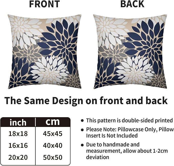 Navy White Grey Gray Pillow Covers 16X16 Inch Set of 2, Summer Modern Geometry Dahlia Floral Print Decorative Throw Pillow Covers Outdoor Farmhouse Cushion Case for Couch Sofa Bed Decor