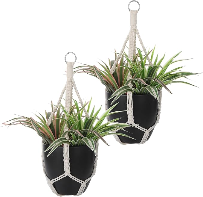 JIEYAO 2 Pack Handmade Macrame Plant Hangers, 19.6 Inch Cotton Hanging Planters Baskets Plant Holder Boho White Rope Flower Pot Holders for Outdoor Indoor Decor
