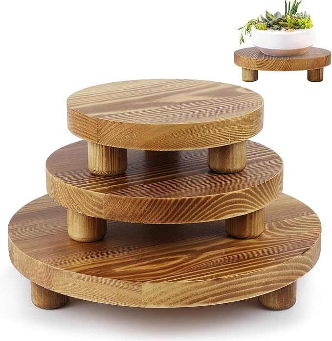 Wooden Plant Stands,Wood Risers Indoor Outdoor for Decor,Wooden Stool Display Stand for Home Table Bathroom Kitchen,Round Brown,3PCS