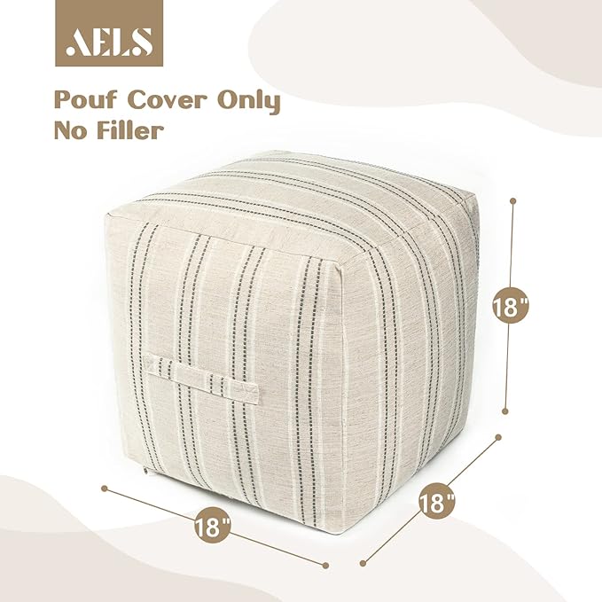 AELS Unstuffed Farmhouse Pouf Cover for Living Room, Boho Storage Bean Bag Cubes, Beige with Gray Stitch Yarn Dyed Stripe Square Ottoman Pouf Foot Rest Footstool, 18"x18"x18", Cover ONLY