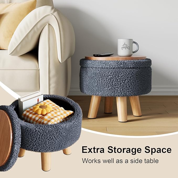 Small Foot Stool, Boucle Round Ottoman with Storage, Cute Foot Rest Stools with Teddy Velvet, Floor Pouf Ottoman Coffee Table, Sturdy Ottomans with Wood Legs for Living room, Nursery, Enterway, Blue