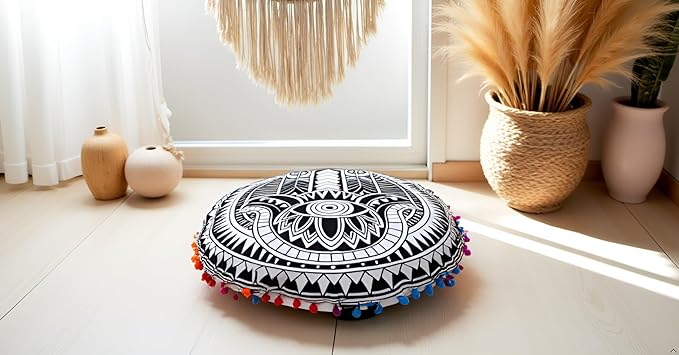 CRAFT KALA Boho Large Floor Pillow Pouf Cover Mandala Meditation Room Pillow Cover for Adults Round Bohemian Seating Pouf Cushion Cover for Kids Playroom 22" Black Hamsa