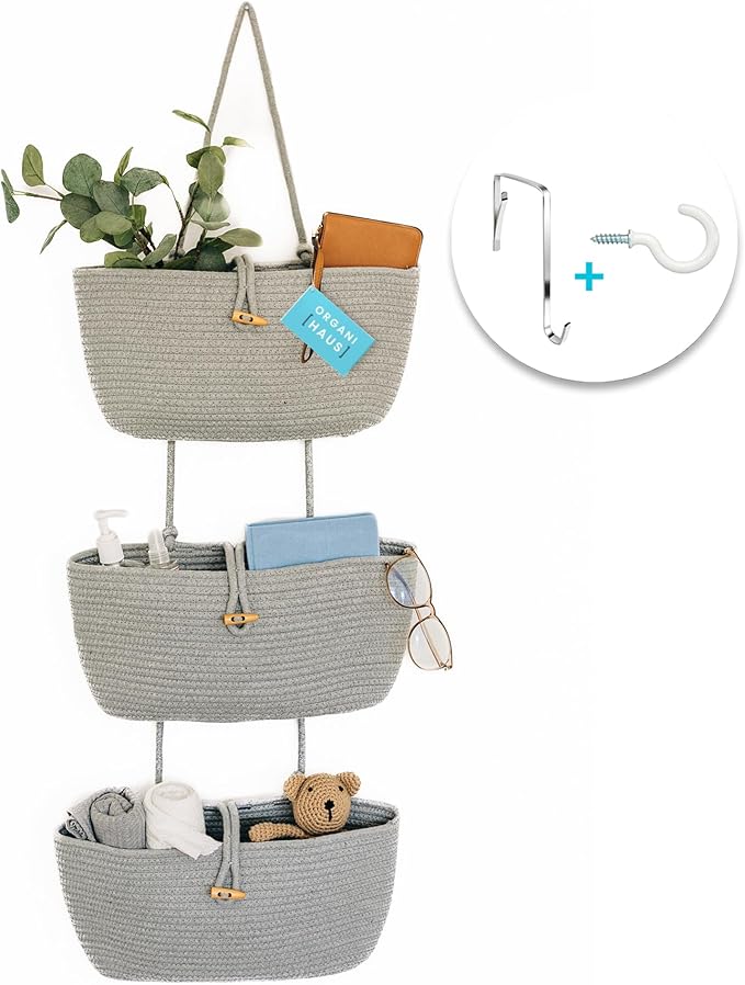OrganiHaus Grey Wall Hanging Storage Basket | Behind Door Storage | Wall Storage Baskets Over Door | 3 Tier Hanging Basket | Woven Baskets Bathroom Organizer | Wall Hanging Baskets for Organizing