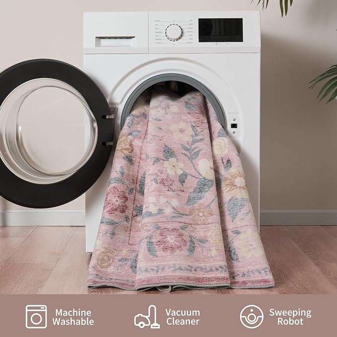 AMOAMI Front Door Mat Indoor Entrance, 2x3 Machine Washable Floral Rugs for Entryway Rug Non Slip Ultra-Thin Soft Boho Small Area Rug Low Pile Throw Rugs for Entrance Kitchen Bathroom, Pink