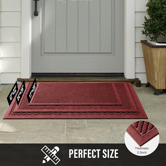 Sturdy Front Door Mat, Absorbent Muddy Dirt Resist Welcome Door Mats Outdoor Indoor, Stain and Fade Resistant, Non-Slip Backing Entry Mat Low Profile Doormat for Entryway, 47×32, Red