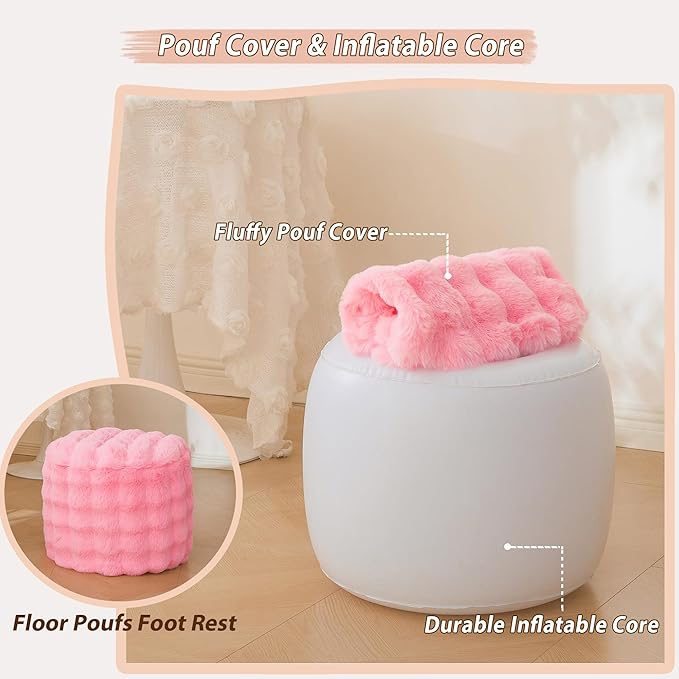 LIFEREVO Faux Rabbit Fur Round Inflatable Pouf Ottoman, 20" X 16" Plush Fuzzy Waffle Bubble Floor Poufs Foot Rest for Living Room Bedroom, Furry Pouf Chair Foot Stool Home Decor, Anti-Slip, Pink