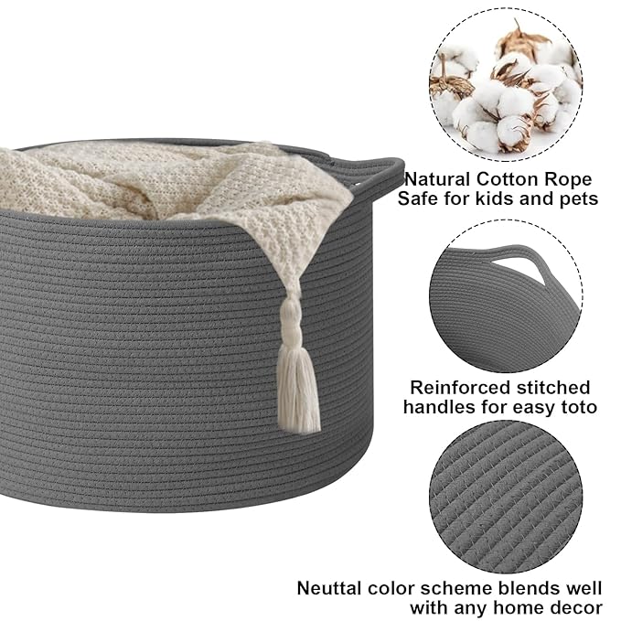 65L Large Blanket Basket,19.7" L x 19.7" W x 13" H Rope Woven Baskets with Handles, Toys Storage Bins,Laundry Basket Perfect for Living Room, Nursery,Bedroom,Home Organization,Dark Gry