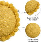 Acrylic Knitted Round Throw Pillow Knitting Bohemian Circular Cushion Pillow with Knit Handmade Pompoms Decorative Ginger Yellow, Diameter 18inches