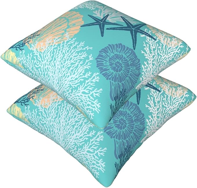 Coastal Beach Pillow Covers 18x18 Set of 2, Starfish Coral Seahorse Throw Pillow Covers Outdoor Decorative Pillow Case for Couch Bed Sofa Cushion Home Decor