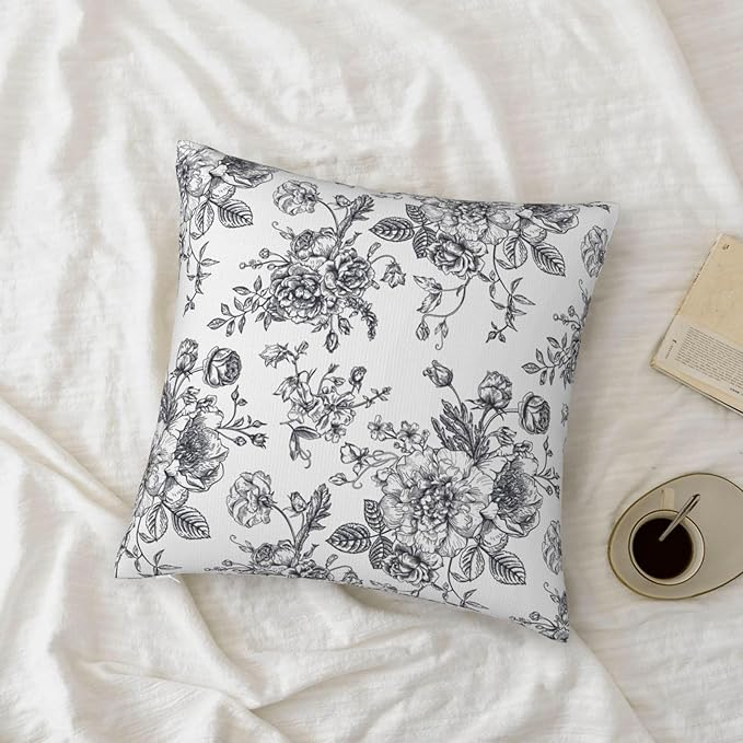 Dark Grey and White Floral Throw Pillow Covers 18x18 Set of 2, Vintage Flower Rustic Farmhouse Pillow Covers Outdoor Decorative Pillow Case for Couch Bed Sofa Cushion Home Decor