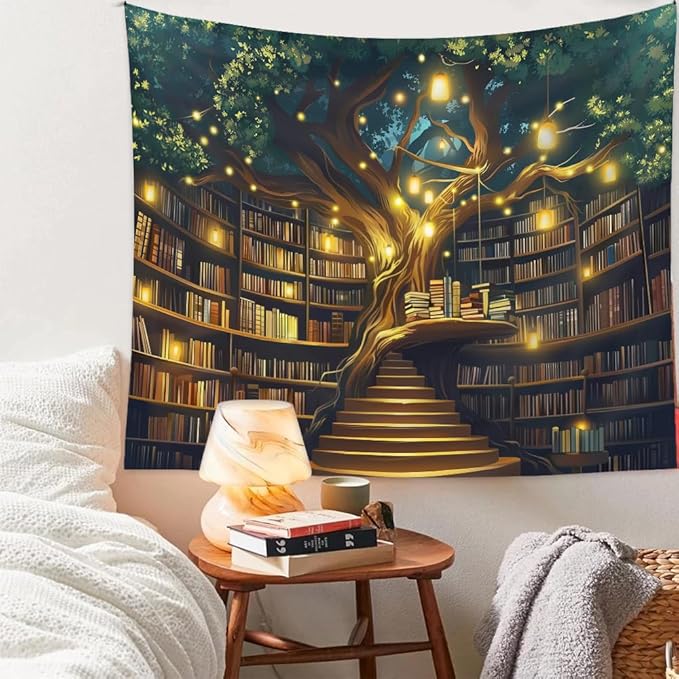 Jhdstore Tree of life Tapestry Wall Hanging Fantasy Library Tapestry for Bedroom Mysterious Tree Bookshelf Tapestries Room Decor 36"x48"