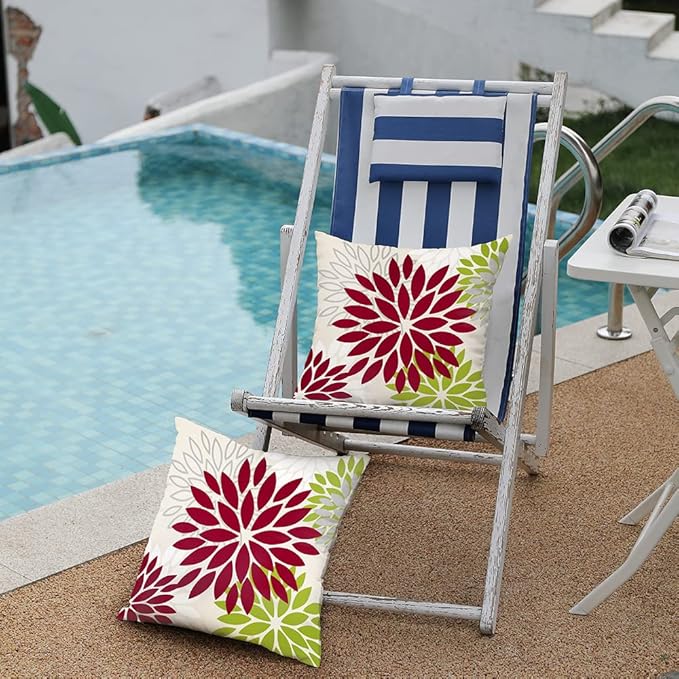 DFXSZ Wine Red Green Flower Pillow Covers 18x18 Inch Set of 2 Outdoor Throw Pillows Outdoor Waterproof Decor for Living Room Sofa Patio Funiture Garden Floral Polyester Pillow Covers 002U18