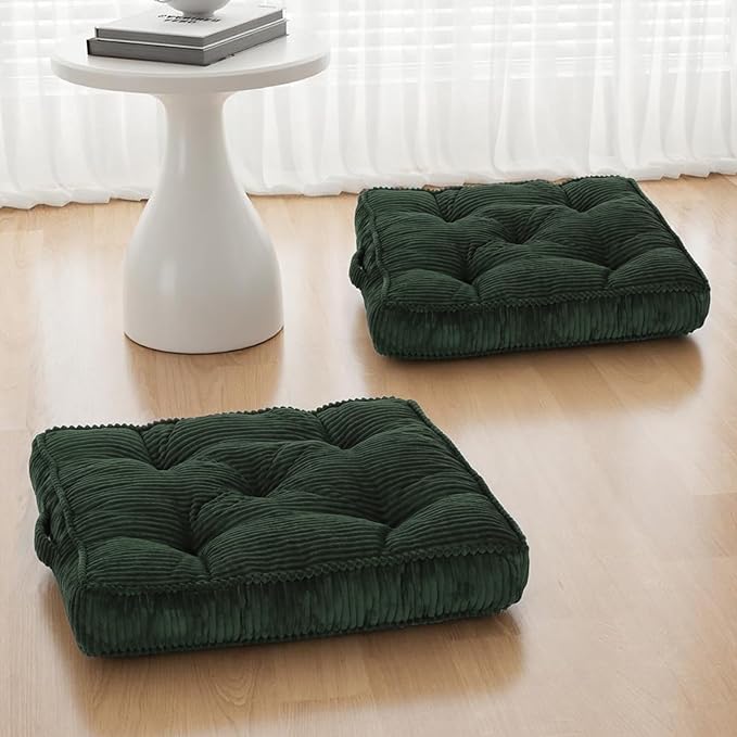 Floor Pillow Set of 2, 22x22 Tufted Floor Cushion for Adults, Square Large Meditation Cushion Pillow, Green Corduroy Sitting Pillow with Handle, Yoga Seating for Tatami