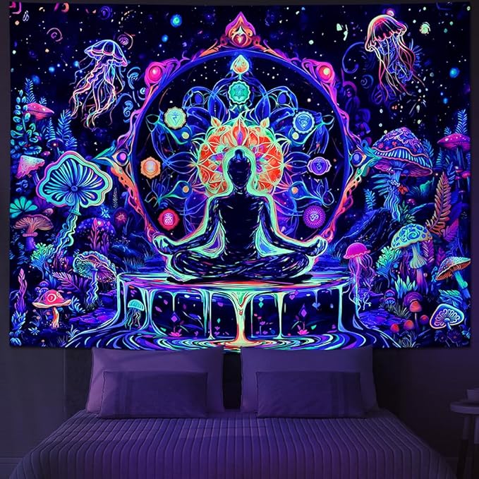 Yuiqear Blacklight Chakra Yoga Meditation Tapestry Mushroom Flower Wall Backdrop UV Reactive Mandala Tapestries Galaxy Space Jellyfish Tapestry Wall Hanging for Bedroom