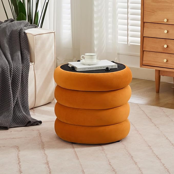 Compact Round Ottoman, Plush Velvet Upholstery Storage Ottoman, Modern Tufted Circle Design with Removable Lid for Lounge, Dorm and Entryway, Orange