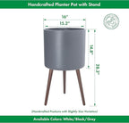 D'vine Dev 16 Inch Planter Pot with Stand, Mid-Century Tall Plant Pot with Legs for Indoor Plants, XX-Large, Grey, 88-O-E-3
