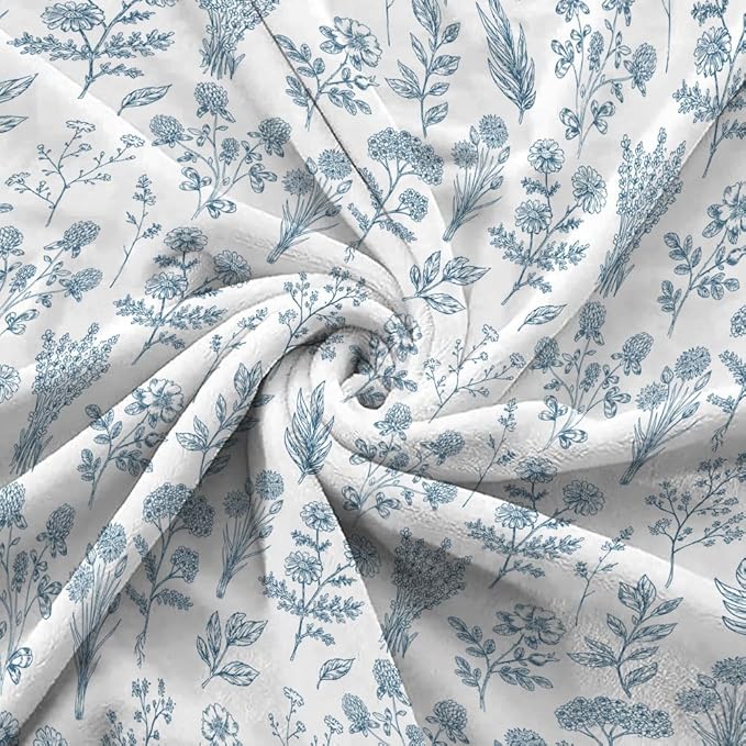 Floral Fuzzy Blanket Boho Floral Throw Blanket, Blue Botanical Flowers Blankets, Soft, Flannel, Warm, Rustic Flowers Bed Blankets All Season for Couch Bedroom Living Room 60X90 Inch
