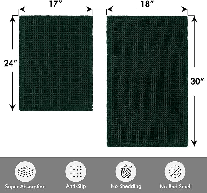 MIULEE Dark Green Set of 2 Waffle Bathroom Rugs, Boho Bath Rugs Non Slip Washable, Super Absorbent Bath Mats, Ultra Soft Rubber Backed Shower Mats for Bathroom Floor, Tub, 17"x24"+18"x30"