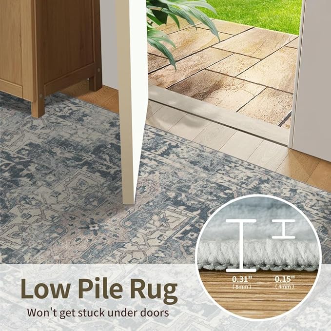 9x12 Area Rugs for Living Room Bedroom, Large Washable Rug, Blue Vintage Retro Boho Rug, Non Slip & Low Pile Faux Wool Thin Carpet for Indoor Dining Room and Kids Room(Blue 9x12ft)