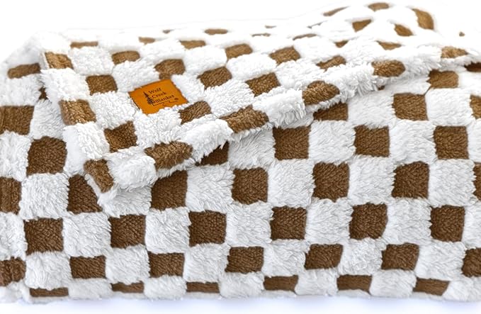 WOLF CREEK BLANKET- Camel & White Fuzzy Fun 3D Checkered Throw Blanket – Ultra Soft Shaggy Fleece for Cozy Comfort. Beautiful Gift for Women with Style 50 x 65 inches.