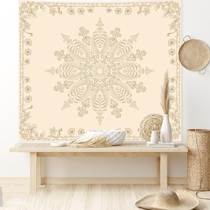 Apdidl Boho Mandala Floral Wall Tapestry for Bedroom Aesthetic, Bohemian Cute Flower Hippie Indian Beige Wall Hanging Blanket, Medallion Art Decor Tapestries for Teen Girls Living Room Dorm 60" X 79"