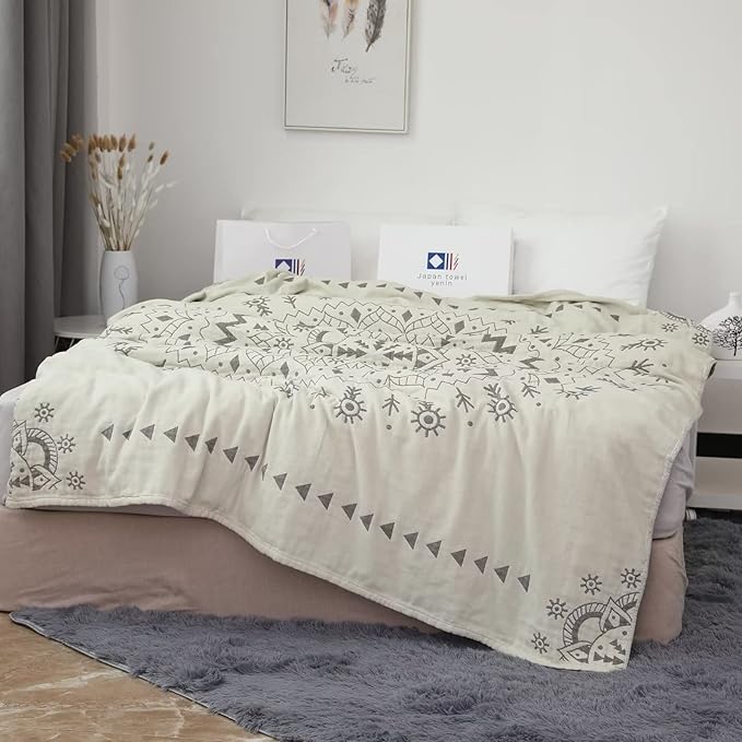 Boho Throw Blanket for Bed 100% Cotton Ultra Soft Rustic Quilt Spring Blanket Geometric Mandela Printed Farmhouse Decor Bed Blankets,80"x90" All Season Rustic Throw for Sofa Couch Chair