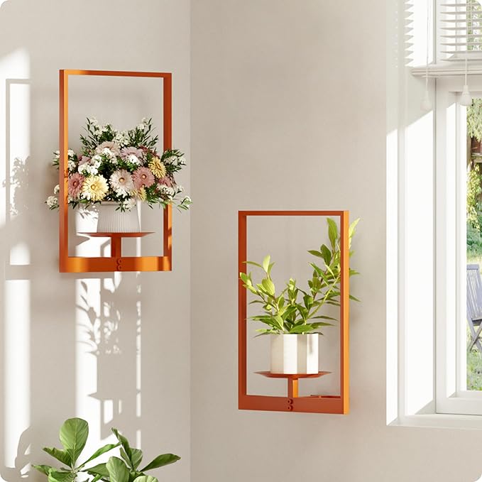 Orange Metal Wall Plant Holder - 2-Pack Wall Mounted Plant Stands and Hanging Holders for Indoor Planter and Flower Pot -Rectangle Decor Shelf for Plant Storage (Pot Not Included)