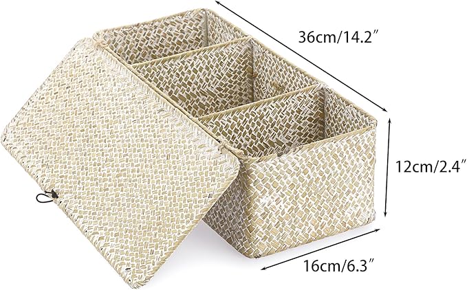 Sumnacon Small Woven Basket for Shelf Wicker Shelf Storage Basket with Sections Seagrass Storage Baskets with Lid for Tampon Toiletry Rectangular Storage Basket for Shelf Bathroom Table Desk Whitewash