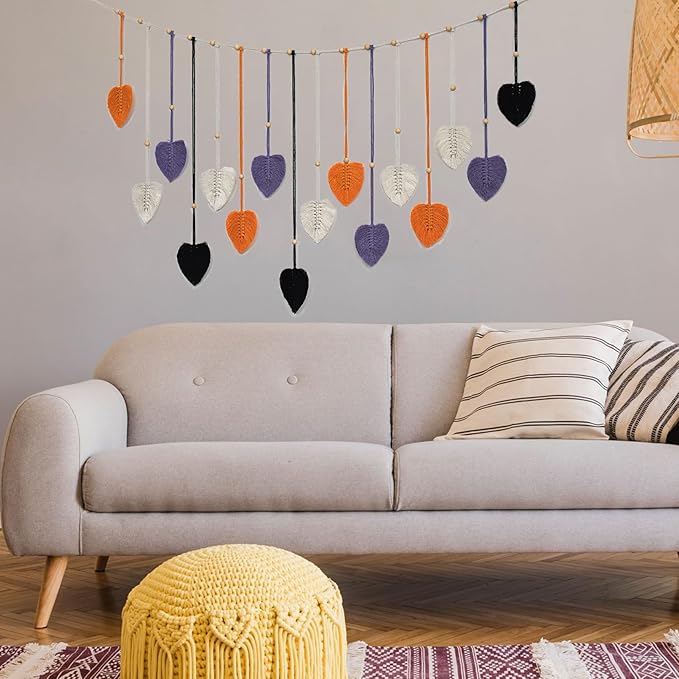 EOBTAIN Macrame Leaf Wall Hanging Large,Boho Purple Orange and Black Leaves Woven Tapestry Halloween Home Decor,Handmade Yarn Tassels Textile Feather Wall Art Decor for Living Room Bedroom
