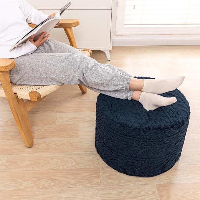 Boucle Pouf Ottoman and Foot Rest 20 x 20 x 14 Inches Floor Pouf Boho Foot Stool Home Decor for Couch Sofa Bean Bag Chairs Navy Blue