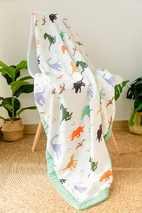 Little Jump Dinosaur Muslin Blanket Baby Quilt - Silky Soft and Breathable Crib Blanket for Daycare - Large 47" x 47" - 2 Layers Toddler Summer Blankets for Boys (Dinosaur)