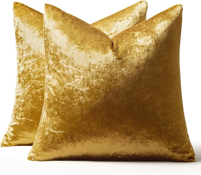 MIULEE 24x24 Inch Euro Sham Velvet Pillow Covers, Set of 2 Large Square Decorative Pillows -Golden Super Soft for King Bed, Sofa, Couch, Accent Chairs with Hidden Zipper