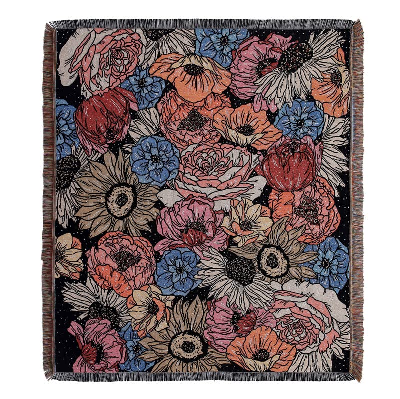 Boho Throw Blanket Reversible Cotton Bohemian Tapestry Hippie Room Decor Double Sided (Boho Flower Dark 50"x60") - color: Boho Flower Dark, size: 50*60 inch