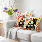 Breling 2 Pack Embroidered Cat Pillow Covers 18x18 Inch Cute Black Cat Floral Pillow Covers with Zipper Velvet Tufted Decorative Whimsical Fun Couch Pillows Cover for Living Room Sofa Bed Home Decor
