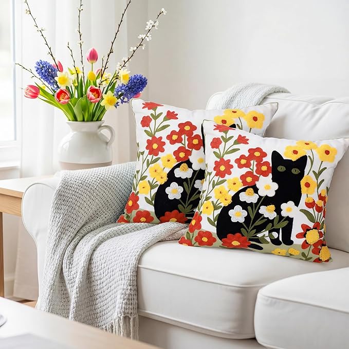 Breling 2 Pack Embroidered Cat Pillow Covers 18x18 Inch Cute Black Cat Floral Pillow Covers with Zipper Velvet Tufted Decorative Whimsical Fun Couch Pillows Cover for Living Room Sofa Bed Home Decor