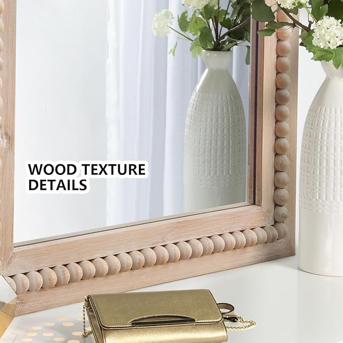 H HOMEWINS Rustic Rectangle Mirror,22x30 Wooden Farmhouse Mirrors,Boho Bathroom Wall-Mounted Nature Beads Decor Mirror for Bedroom, Living Room,Vanity,Entryway,Over Sink