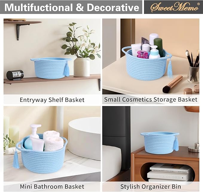 Small Gift Baskets Empty to Fill, Little Cute Soft Woven Rope Bin, Mini Basket for Teen Girl Gifting, Desk Makeup, Pre-Shaped with Gifting Bags Ribbon, Set of 2, Light Blue