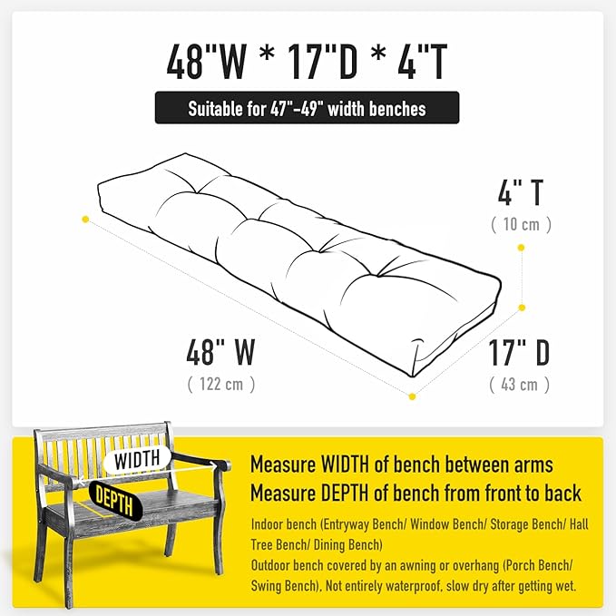 SUNROX LokGrip Non Slip Tufted Memory Foam Bench Cushion, FadeShield Water Resistant Durable Thicken Outdoor/Indoor Bench Seat Pads 48x16x4 inch, Heather Grey