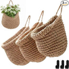 Honeydak Boho Decor Hanging Wall Baskets for Kitchen 3 Pack Teardrop Baskets with Hooks Storage Fruit Onion Vegetable Potato for Home 3 Sizes(Light Linen,Barrel,Cotton Rope)