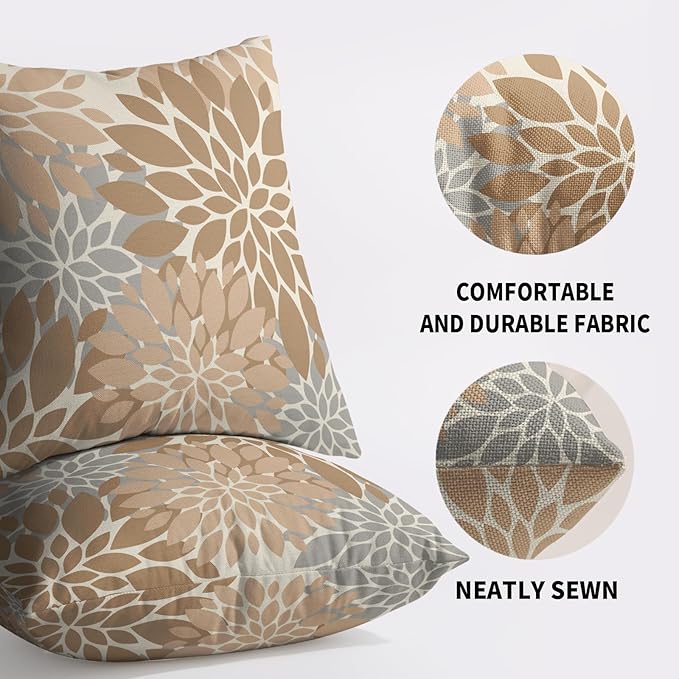 Light Brown Grey Gray Pillow Covers 22X22 Inch Set of 2, Dahlia Flower Spring Summer Floral Cream Decorative Throw Pillow Covers Outdoor Modern Farmhouse Cushion Case for Home Couch Sofa Bed Decor