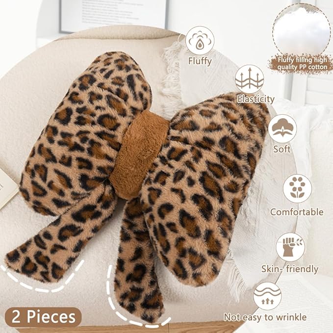 2Pcs Leopard Print Bow Throw Pillow Furry Bow Plush Pillows Cute Flower Plush Pillow Cheetah Home Decor Stuffed Bow Lumbar Pillow for Bed Couch Living Room Decor (Brown, 16in Bowknot)