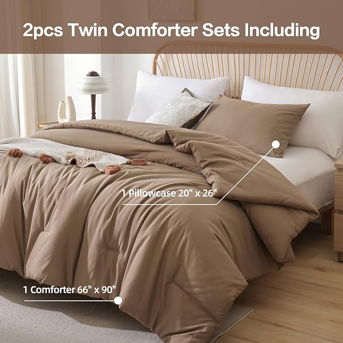 ROSGONIA Twin/Twin XL Comforter for College Girls Boys Dark Khaki, 1 Comforter & 1 Pillowcase, Lightweight Twin Bedding Sets Soft Kids Dorm Comforter